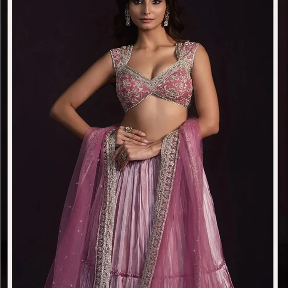 Lashkaraa Dusty Pink Embroidered Organza Lehenga - Picture 1 of 8